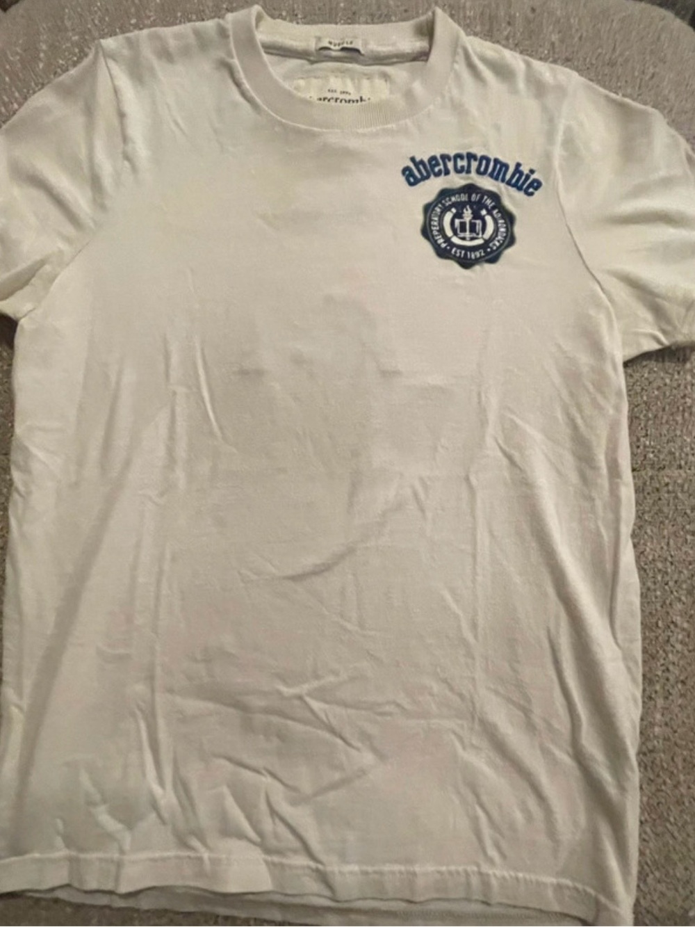 Abercrombie & Fitch White Tee with Blue Chest Crest Logo